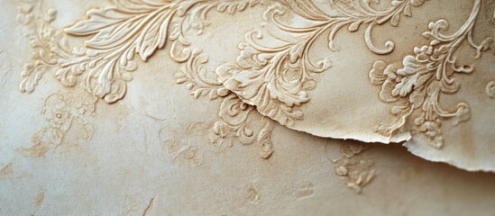 Vintage ornate book page with faded edges and intricate floral designs showcasing aged elegance and historical charm.