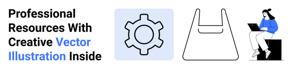 Gear symbol, shopping bag, and woman typing on a laptop. Ideal for tech tools, online shopping, learning, business, e-commerce, education and creative work flat landing page banner