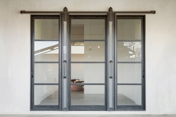 Modern three-panel sliding glass doors with black frames, installed on a white wall, showing a glimpse of a minimalist interior.