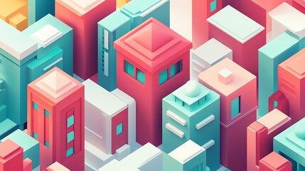 Abstract Isometric Cityscape Pastel Buildings Design