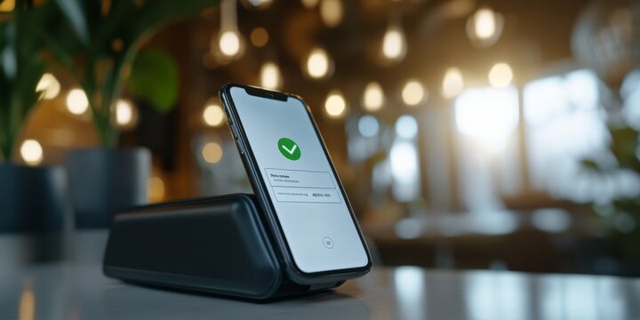 Sleek Mobile Payment Screen with Green Checkmark Over Modern Terminal - Fintech Innovations and Cashless Solutions in Trendy Cafe Environment