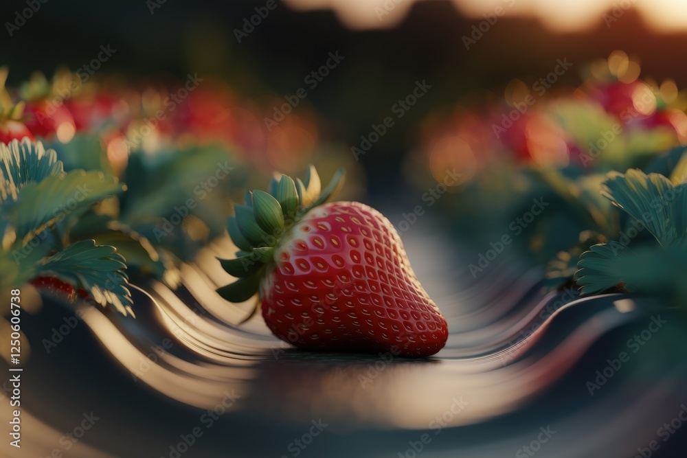 Poster a single ripe strawberry rests on a dark, undulating surface amidst a field of growing strawberries 