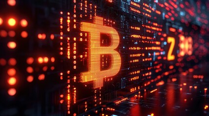 Fototapeta premium Glowing Bitcoin symbol on circuit board with data stream background