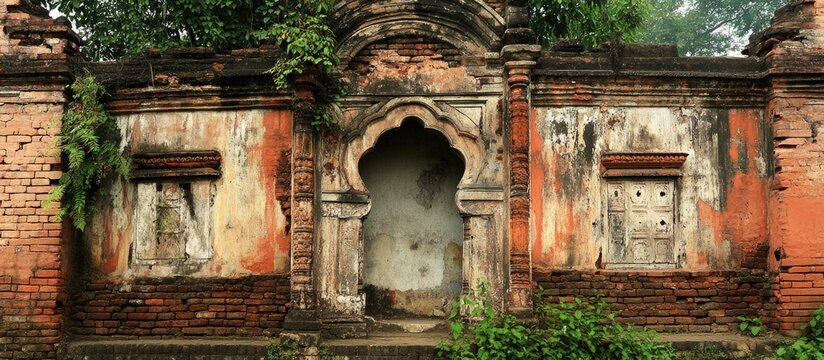 Historic weathered wall of an old building in Panam Nagar Bangladesh showcasing architectural decay and lush green surroundings