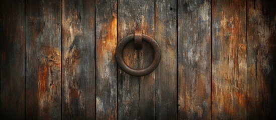 Fototapeta premium Rustic wooden door with a weathered metal knocker showcasing grunge textures and rust for a vintage aesthetic