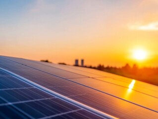 Obraz premium Industrial Solar Elegance Contemporary Photovoltaic Panel Array on Urban Rooftop at Sunset - Renewable Energy Infrastructure for Modern Business Sustainability