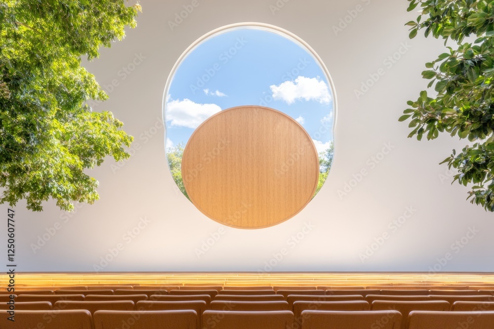 Aufkleber nature-infused lecture hall circular wooden screen and acoustic design in tiered seating - innovativ