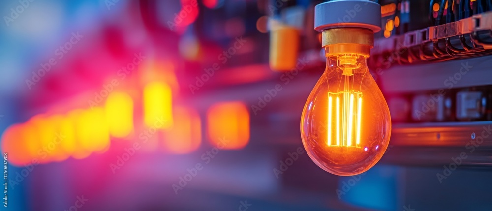 Poster futuristic smart grid control industrial led bulb installation with neon accents - energy efficiency