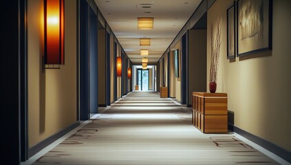 Fototapeta premium Illuminated Hotel Corridor: Elegant Interior Design with Soft Lighting and Wooden Accents, Featuring Carpeting and Artwork
