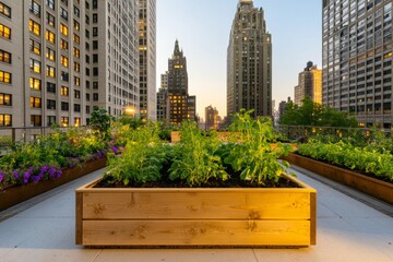 Urban Oasis Elevated Timber Planters in Cityscape for Community Gardening - Eco-Friendly Design and Green Infrastructure in Modern Urban Development