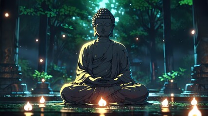 Close up of a Buddha stone figure sitting Golden buddha statue meditating 