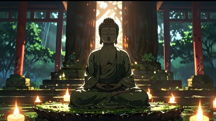 Close up of a Buddha stone figure sitting Golden buddha statue meditating 