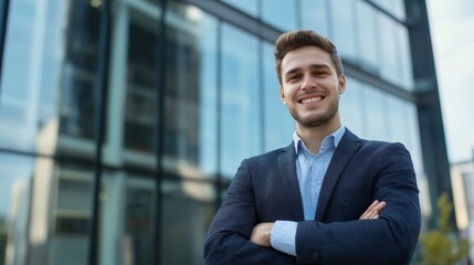 Standing outside a sleek office building, a charismatic business man with a confident smile gazes directly at the camera. His sharp attire reflects professionalism and ambition