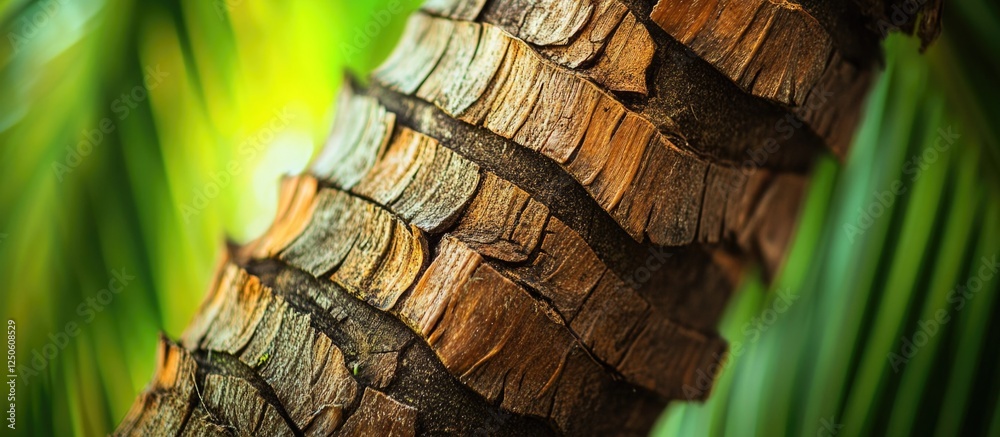 Sticker Textured close-up of a palm trunk showcasing natural wood patterns and vibrant green foliage in the background. Perfect for nature themes.