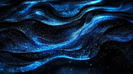 Glowing blue particle waves flow in dark space, digital art background