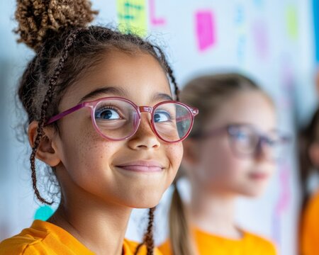 Collaborative Learning Hub Diverse Students Engaged with Educational Math Challenges on Colorful Wall - Modern Classroom Dynamics for Interactive K-12 Education - Powered by Adobe