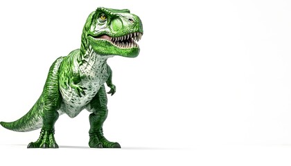 Fototapeta premium A Green Tyrannosaurus Rex Dinosaur Stands Against White Background
