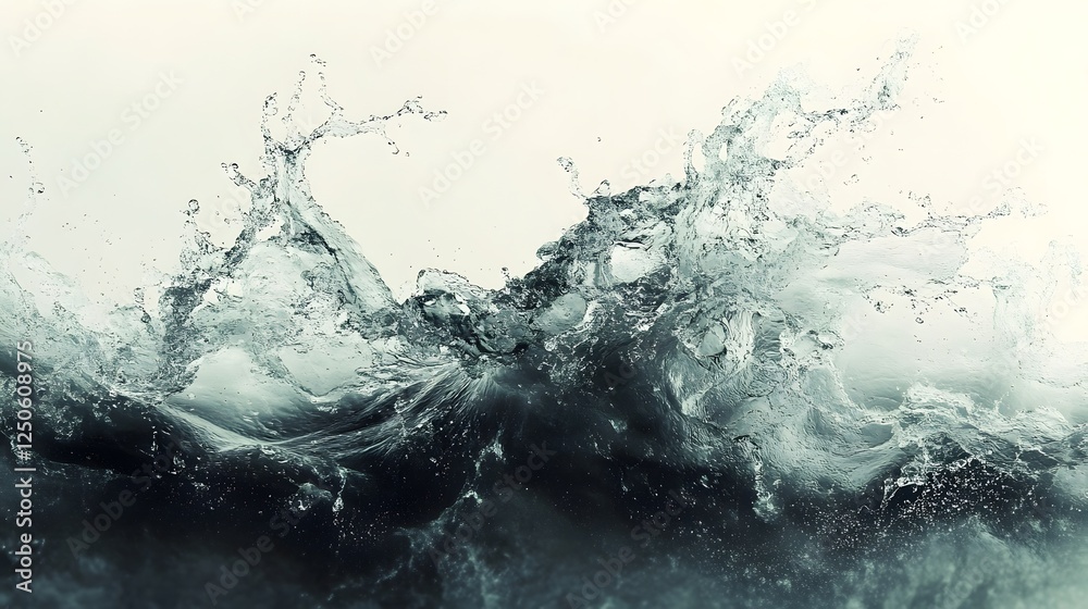 Poster Powerful crashing wave with foamy splash and dynamic motion creating a chaotic turbulent water scene  The wave s energy and momentum are captured in a fluid transparent and reflective environment
