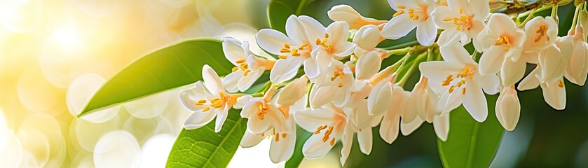 Naklejka premium Sunny garden, delicate white blossoms, green leaves, bokeh background. Spring floral design