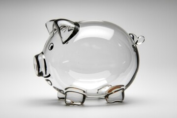 A transparent glass piggy bank, empty and ready to be filled with savings.