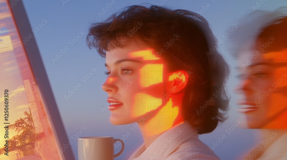 Poster retro pixel aesthetic smiling coworker with coffee and sticky notes in nostalgic animation - trendy 