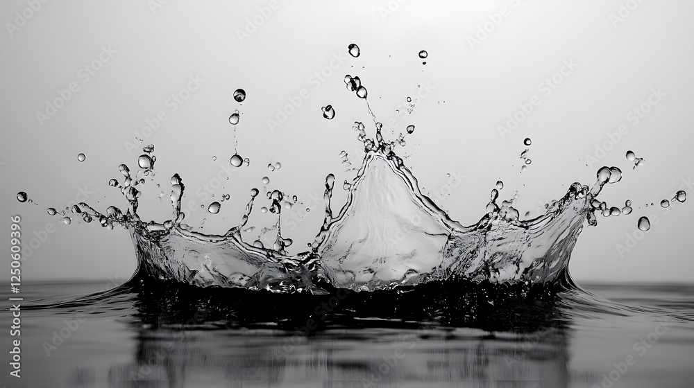 Poster Powerful water splash with dramatic droplet dynamics creating an energetic and fluid motion in a monochrome minimalist backdrop