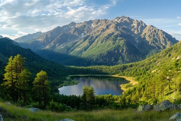 Fototapeta premium Mountain lake panorama, summer sunrise, alpine valley, tranquil scene, travel poster