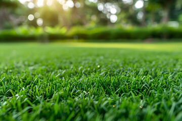 Naklejka premium Green grass on field with sun, nature background. Landscape lawn with green plants background