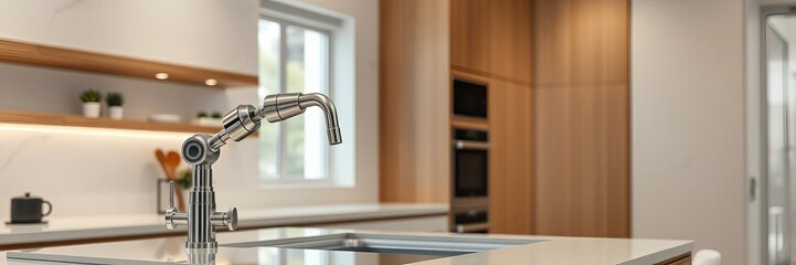 Modern chrome faucet with sleek design and advanced generative AI technology, generative AI, kitchen