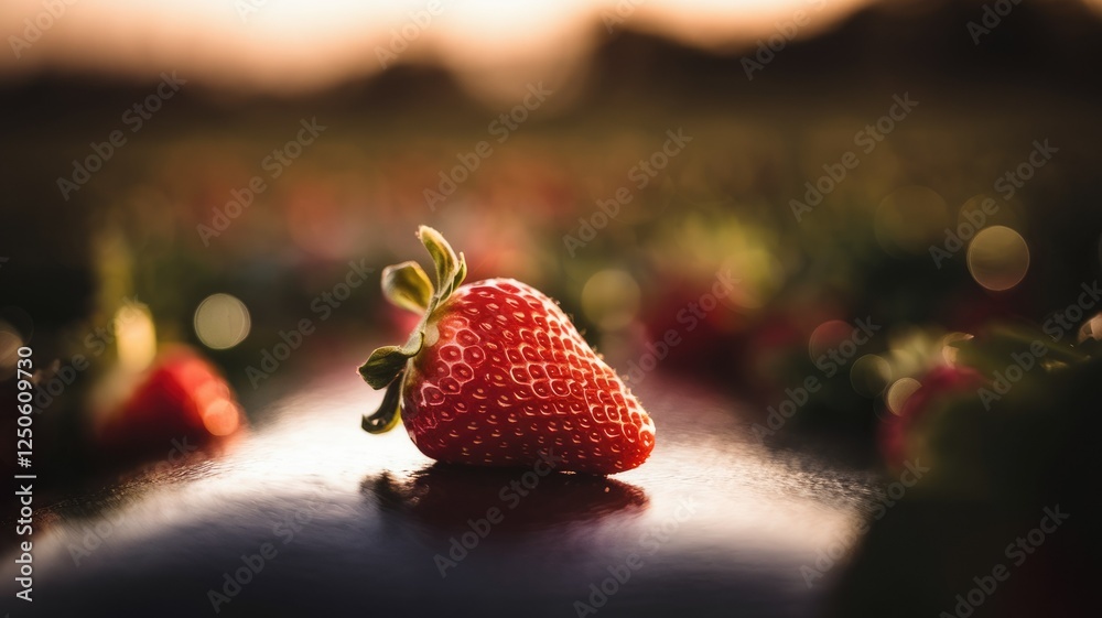 Poster a single, sunlit strawberry rests on a dark surface, surrounded by a bokeh of other berries in a fie