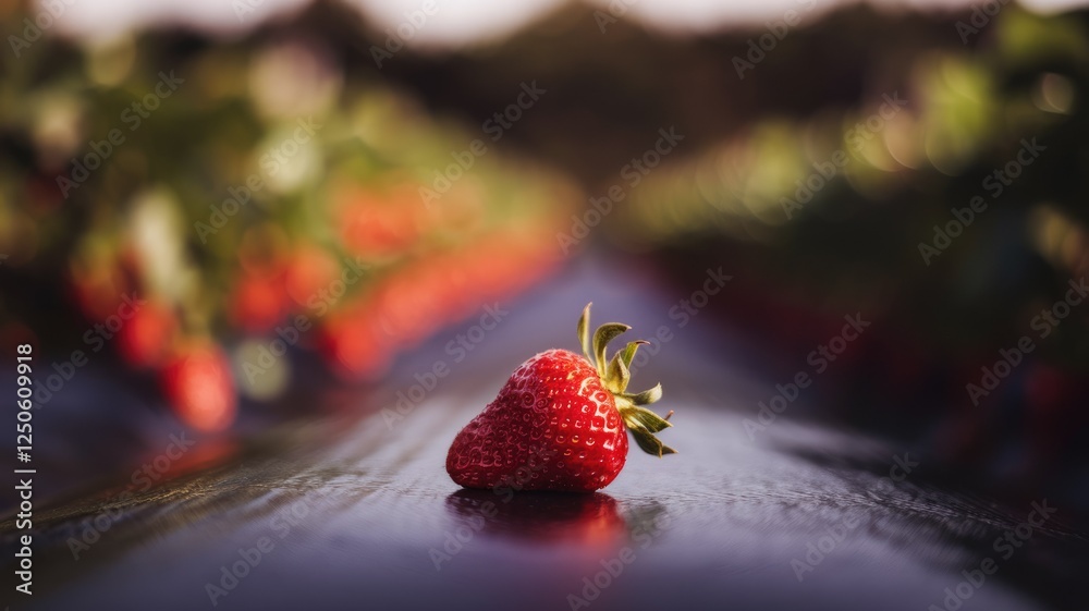 Poster a single ripe strawberry rests on a dark surface, with blurred rows of strawberries in the backgroun