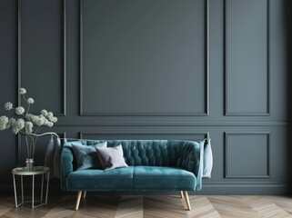 Teal velvet sofa with gold legs in a modern living room with grey walls and a wood floor