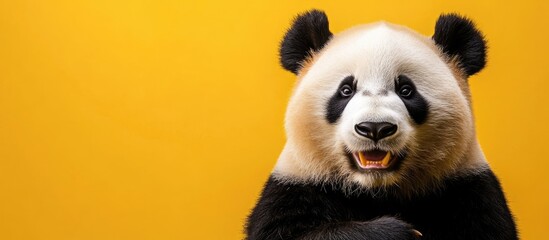 Fototapeta premium Panda with a joyful expression against a bright yellow background featuring space for customization or text additions