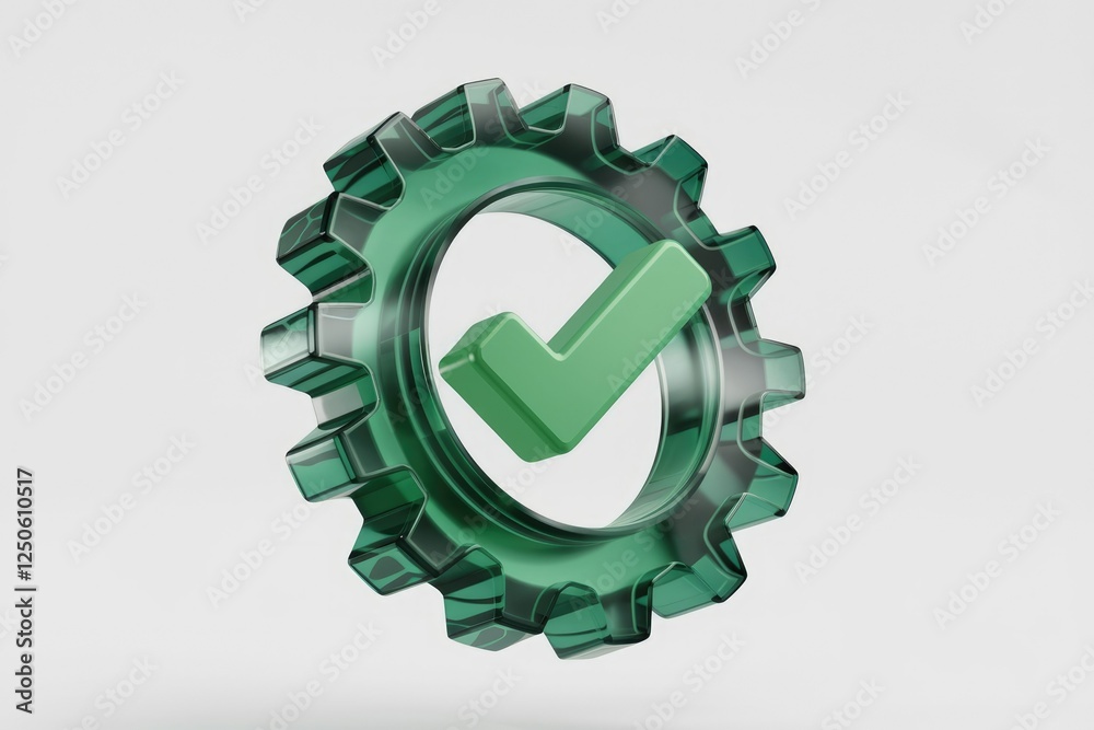 Poster green glass gear with checkmark; symbolizes successful process, efficient workflow, and project comp