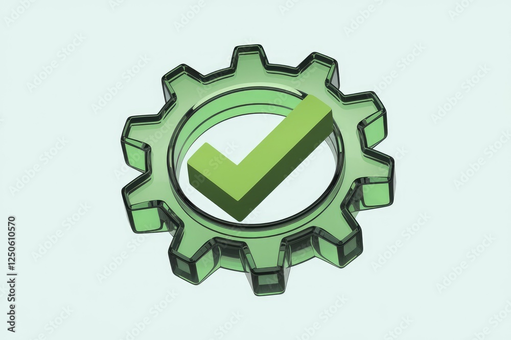 Poster green gear with checkmark symbolizes efficient, completed tasks and successful process optimization.