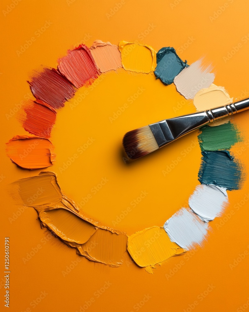 Poster vibrant acrylic palette circular brush and paints on bold orange - creative art education content an