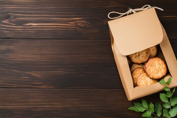Fototapeta premium Rustic Corporate Snack Box on Dark Wood Crisp Crackers in Eco-Friendly Packaging - Enhancing Workplace Cohesion and Stress Relief for the Modern Office Culture