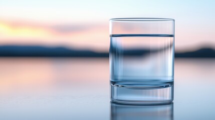Refreshing glass of water at sunset over calm waters photography serene environment peaceful viewpoint
