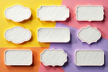 Blank textile labels on colorful background, perfect for crafting projects or design inspiration