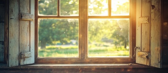 Rustic farmhouse window wooden shutters sunlit greenery outside serene countryside view