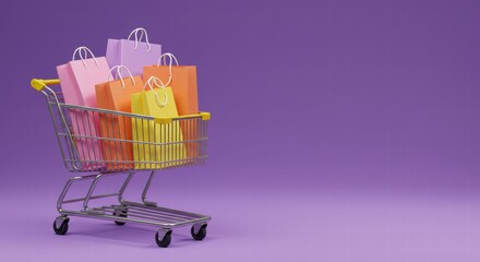 Image of a shopping trolley containing colorful shopping bags