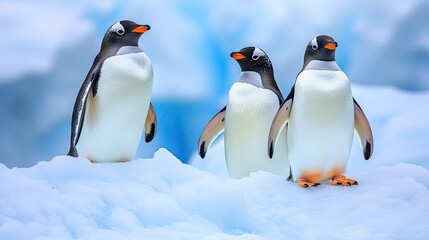 Fototapeta premium Three Penguins Standing on a Snowy Landscape in Antarctica Under Clear Blue Skies.