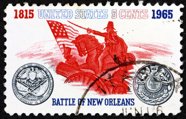 Postage stamp USA 1965 General Andrew Jackson and sesquicentennial medal, Battle of New Orleans, Chalmette Plantation, 1815