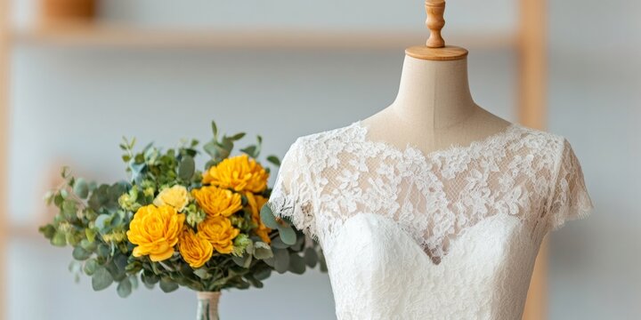 Vintage Lace Bridal Display Elegant Mannequin with Floral Backdrop and Detailed Beadwork - Commercial Wedding Fashion Showcase and Boutique Visual Merchandising - Powered by Adobe