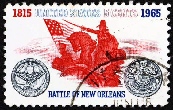 Postage stamp USA 1965 General Andrew Jackson and sesquicentennial medal, Battle of New Orleans, Chalmette Plantation, 1815