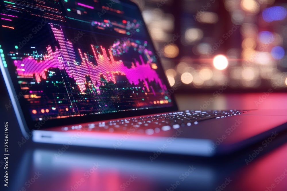 Poster neon-infused digital taxation visual laptop with graph interface and tax solutions - modern business