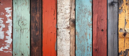 Colorful rustic wooden planks background with peeling paint showcasing a vintage charm ideal for design and decoration projects.