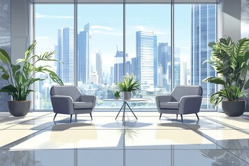 Fototapeta premium Modern Office Interior Design: City View, Comfortable Armchairs, and Potted Plants Enhance Workspace