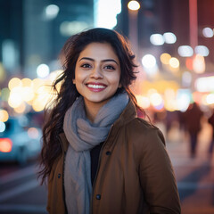 Obraz premium young indian woman standing confidently on street in the evening time