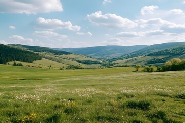 Obraz premium Spring meadow, valley, mountain landscape, sunlight, clouds, idyllic scenery, rural, travel